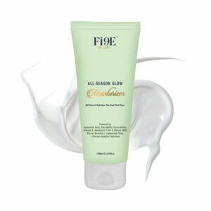 Fi9e Beauty All Season Glow Moisturizer with model for glowing hydrated skin